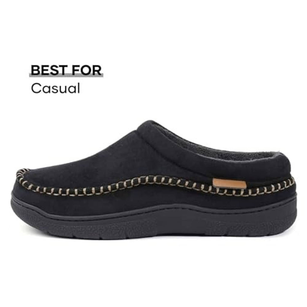 Men's black slip-on moccasin slippers with low-profile cushioned sole