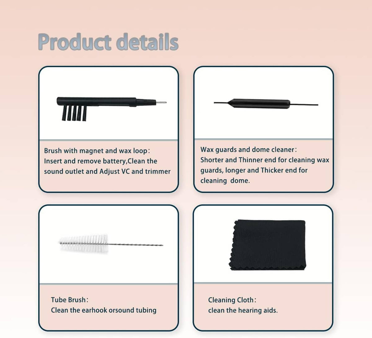 Product details card with black and white brushes and cleaning cloth for wax guards
