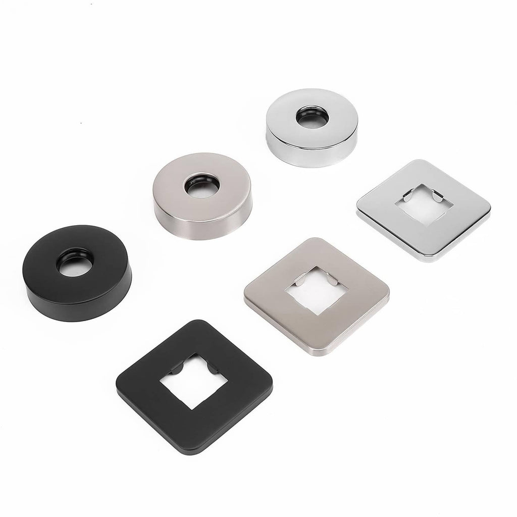 Set of square shower arm flange covers in black, stainless, and light gray with cutouts