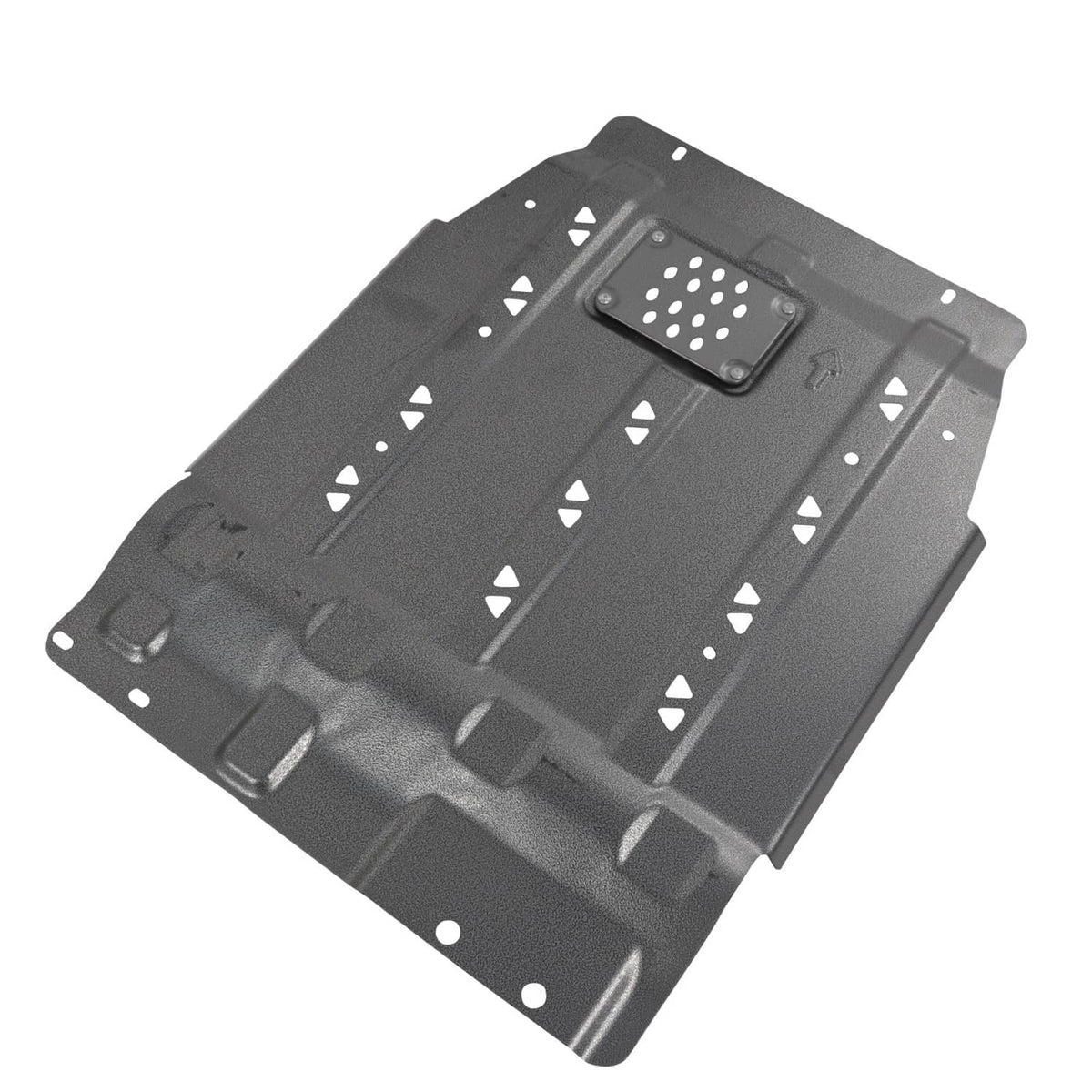 Black gearbox skid plate with perforated access panel and raised mounting points
