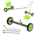 Pressure washer water broom attachment with green wheels and black wand