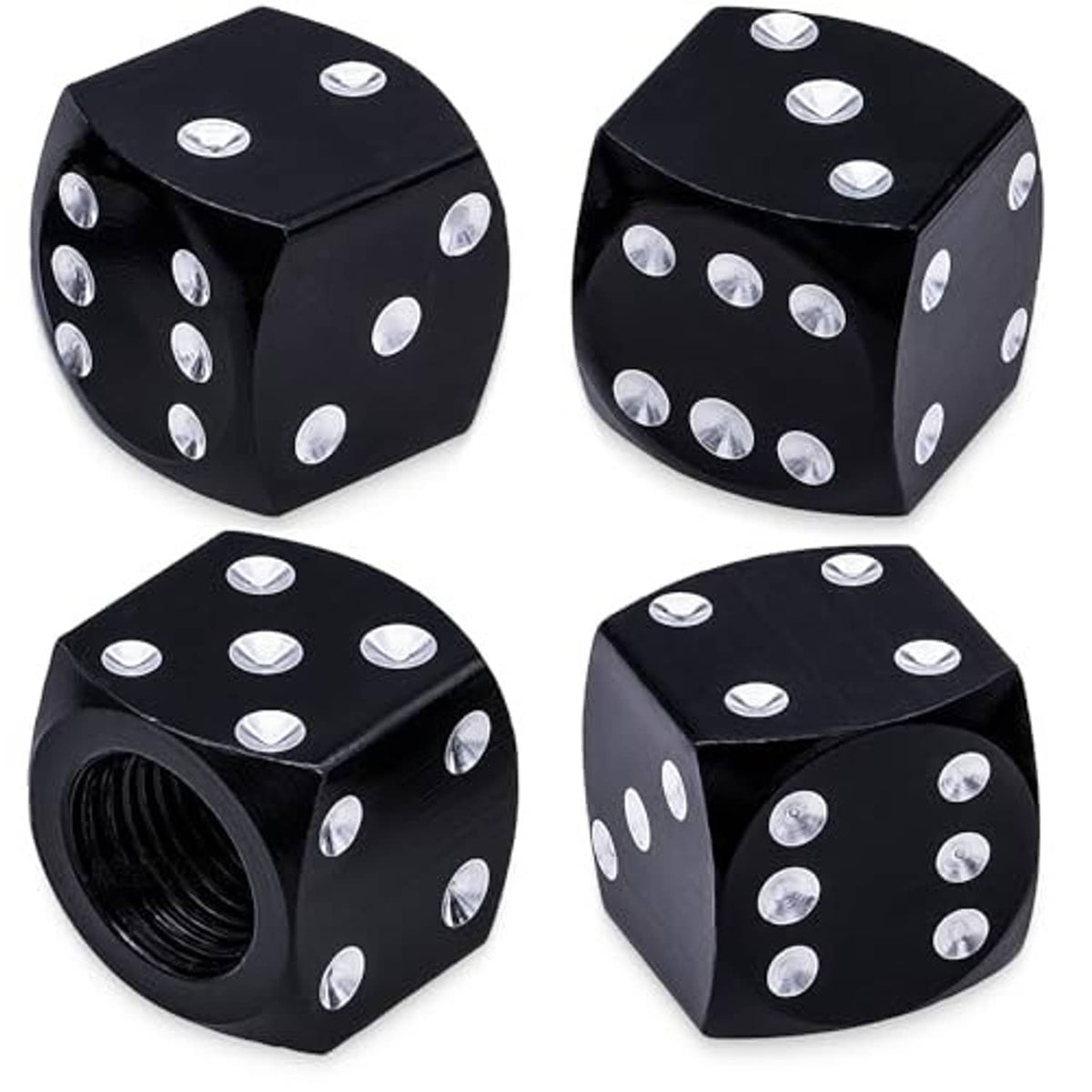 4 black dice-style tire valve stem caps with silver dots, including one threaded end