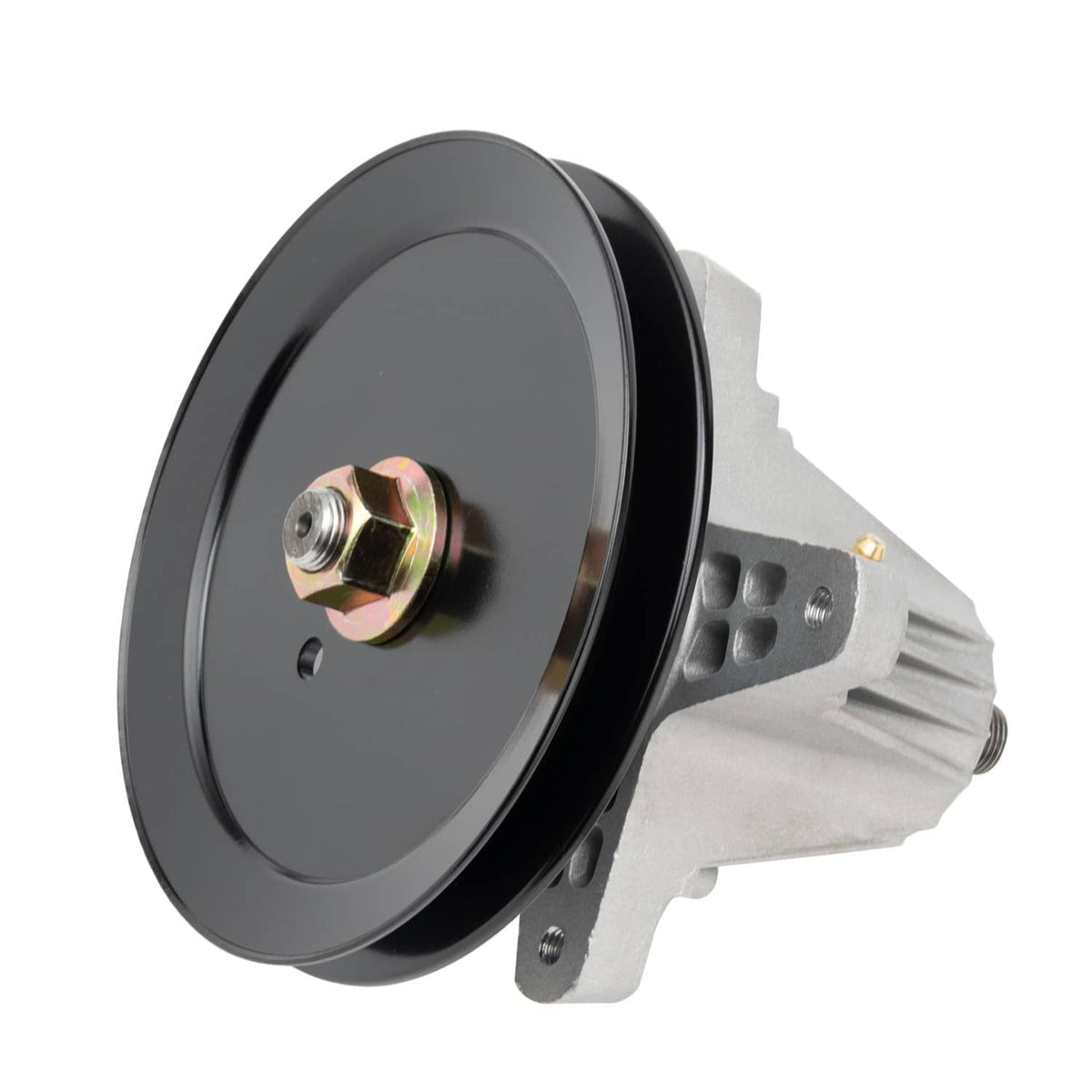 Deck spindle assembly with black pulley and silver housing, mounting bolt and center hub