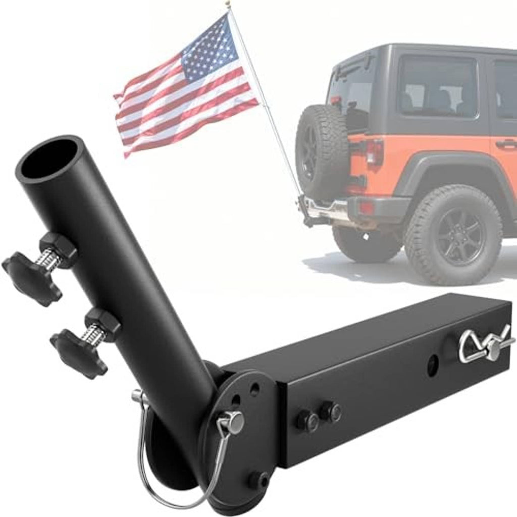 Universal trailer hitch flagpole mount with curved base and clamp, black metal