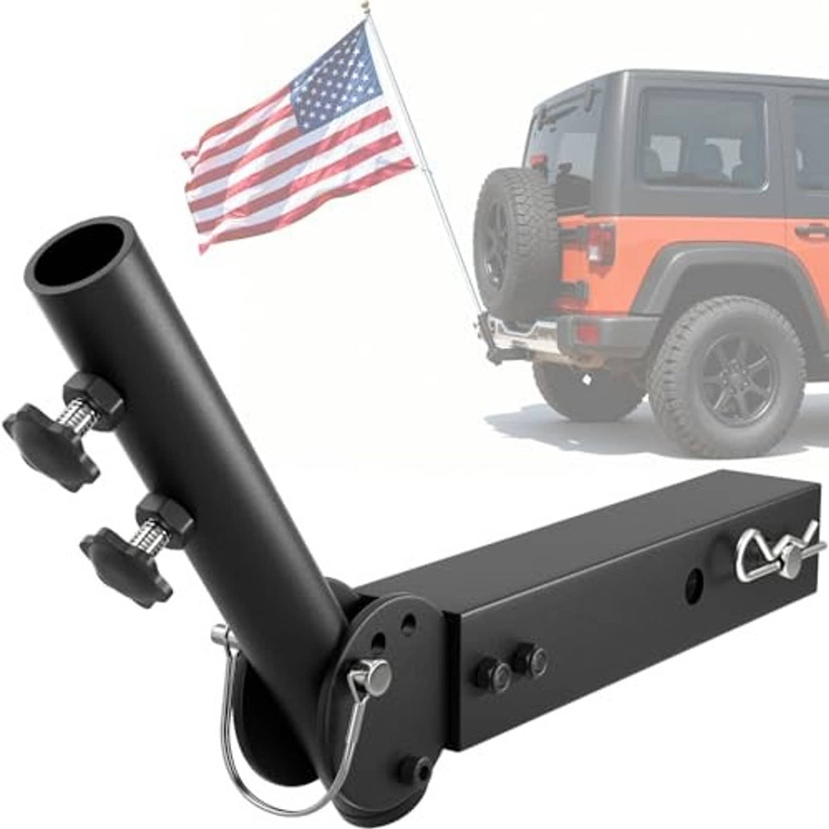 Universal trailer hitch flagpole mount with curved base and clamp, black metal