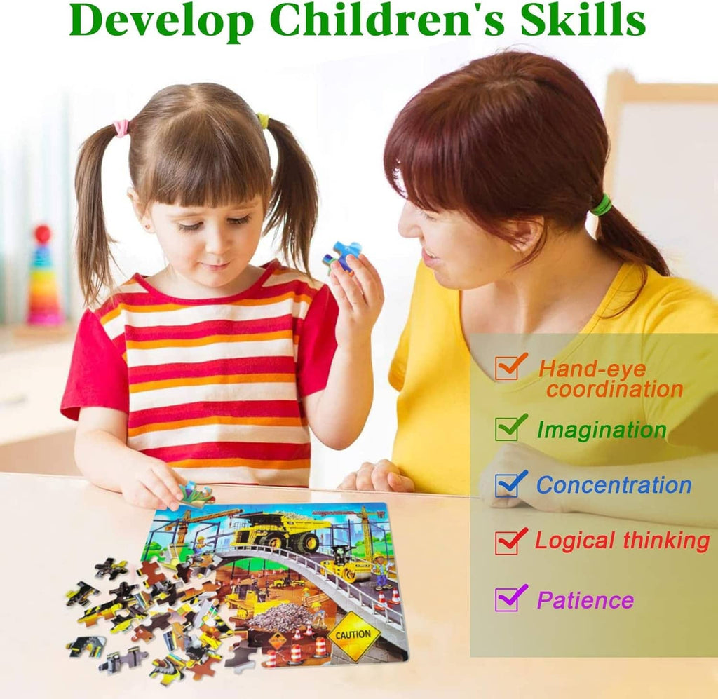 Children assembling a construction site jigsaw puzzle with vehicle pieces
