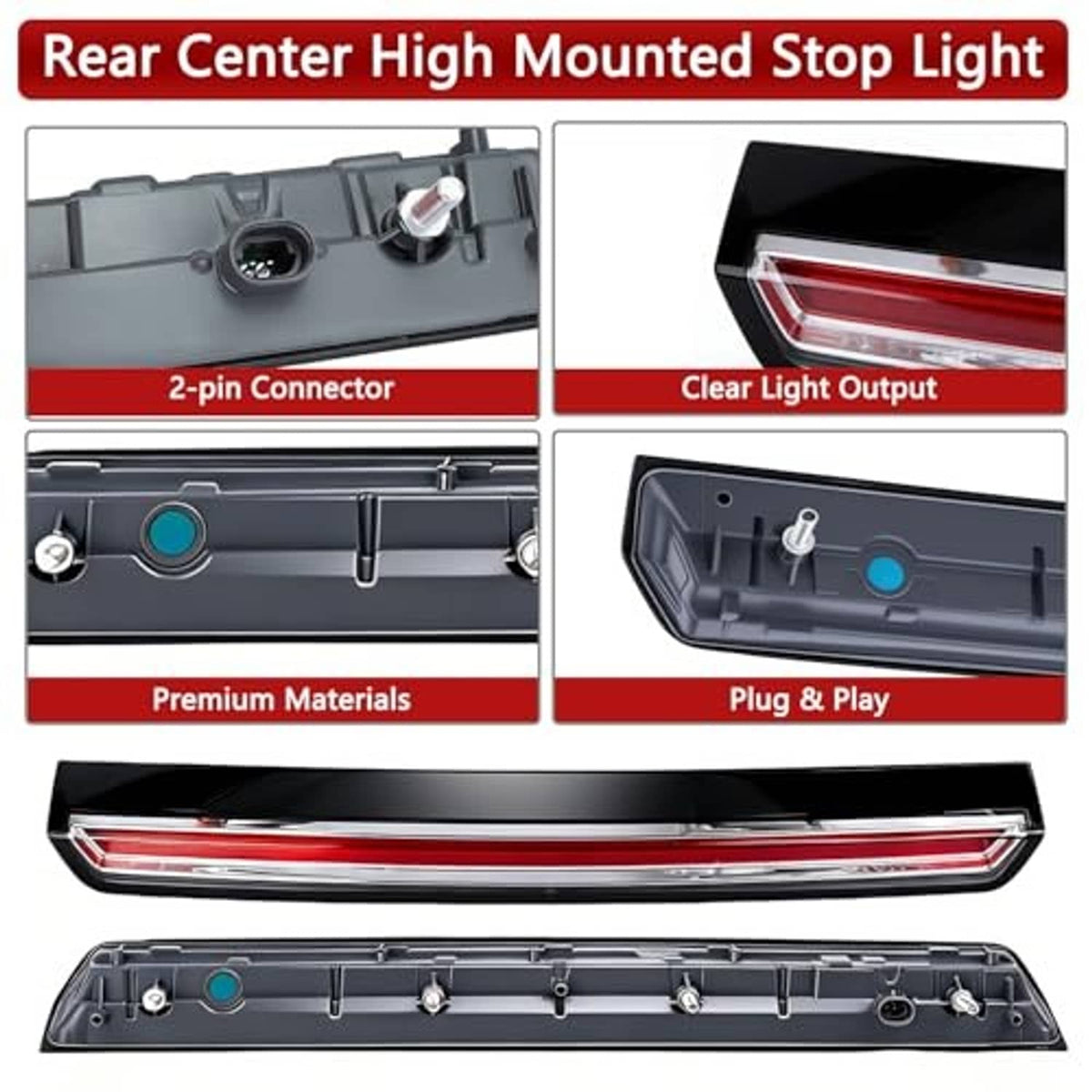 Rear center high-mounted LED stop light with black housing and wiring connector
