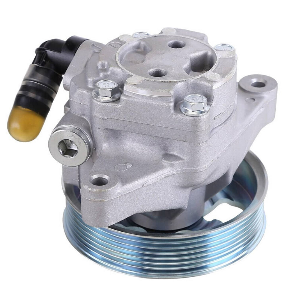 Power steering pump with front pulley and silver housing, black boot and metal outlet
