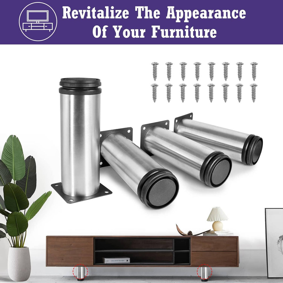 Four stainless steel furniture legs with mounting plates and black rubber bases
