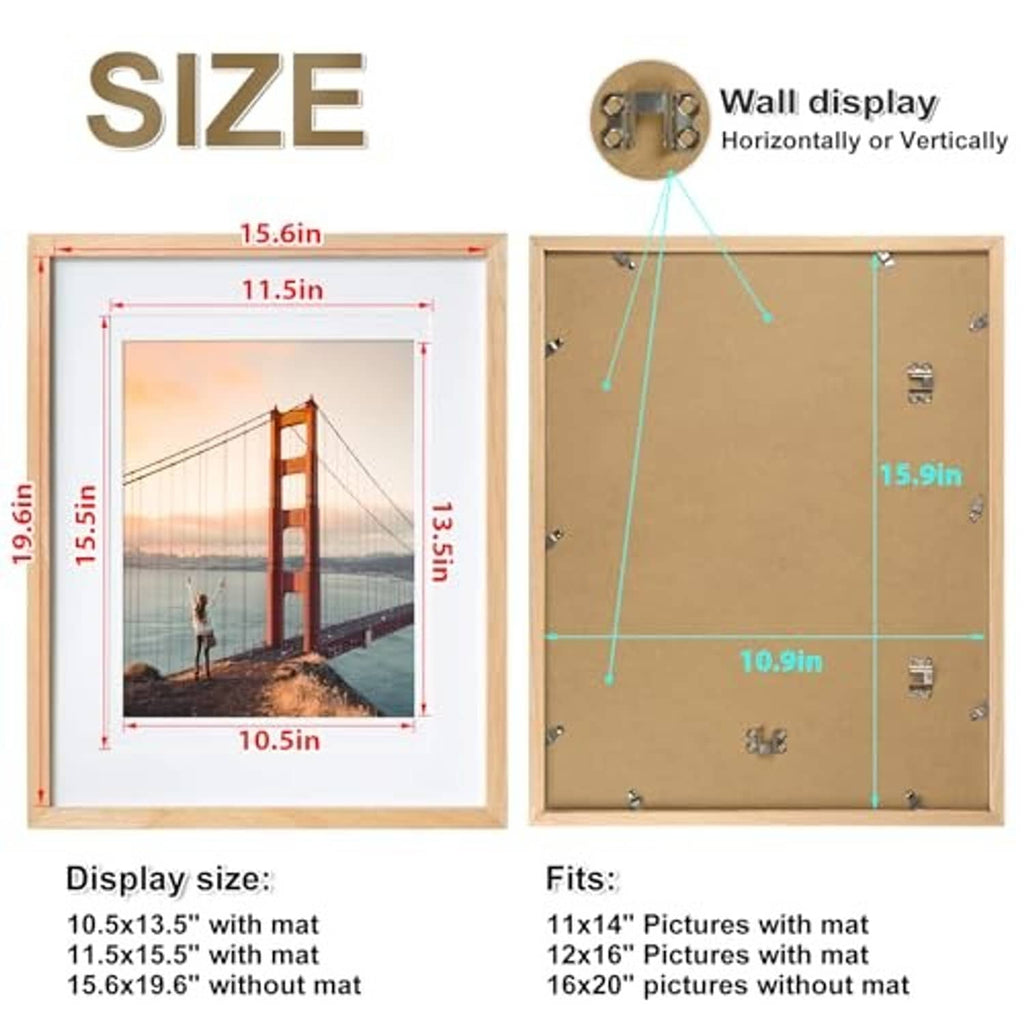 Natural wood picture frame front and back with wall-mount hardware and size guide