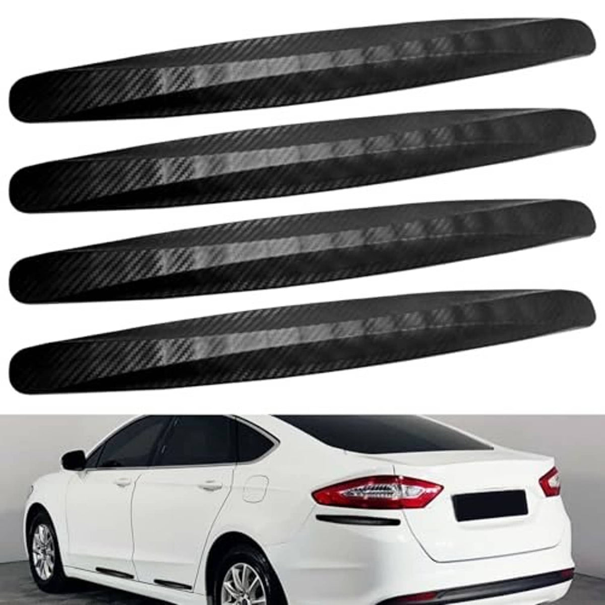 Four black carbon-fiber style bumper guard strips for vehicle protection