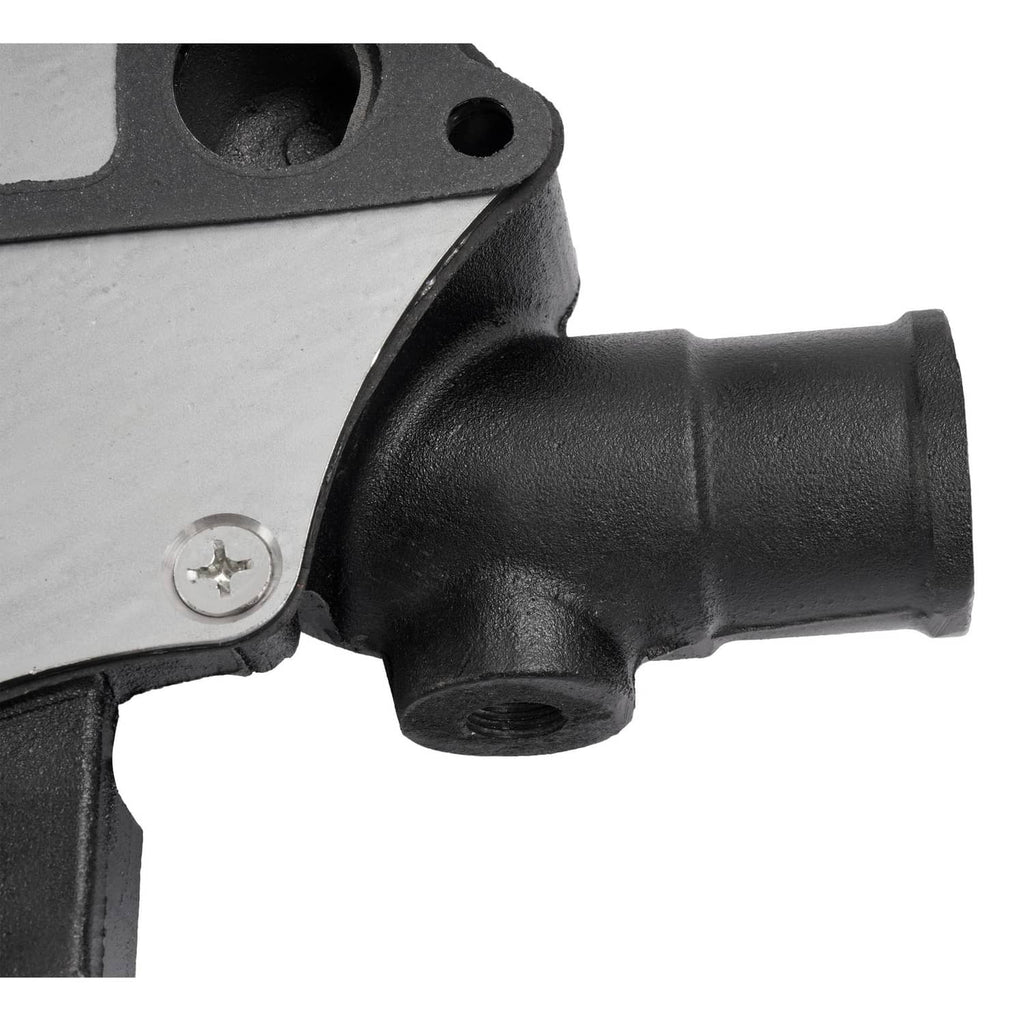 Water pump outlet elbow with black cast housing and visible mounting screw