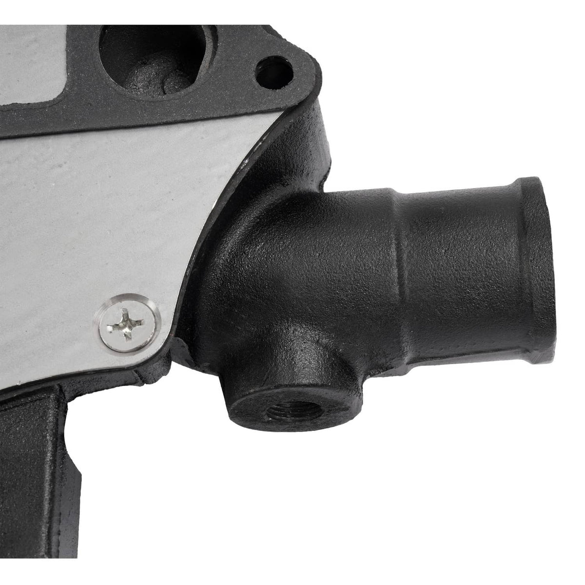 Water pump outlet elbow with black cast housing and visible mounting screw