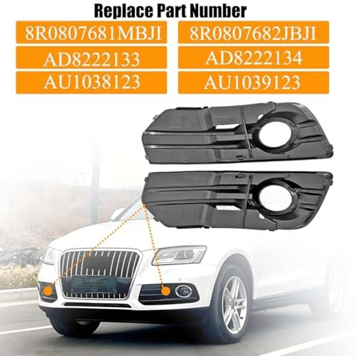 Black front bumper fog light grille insert covers, pair with round openings