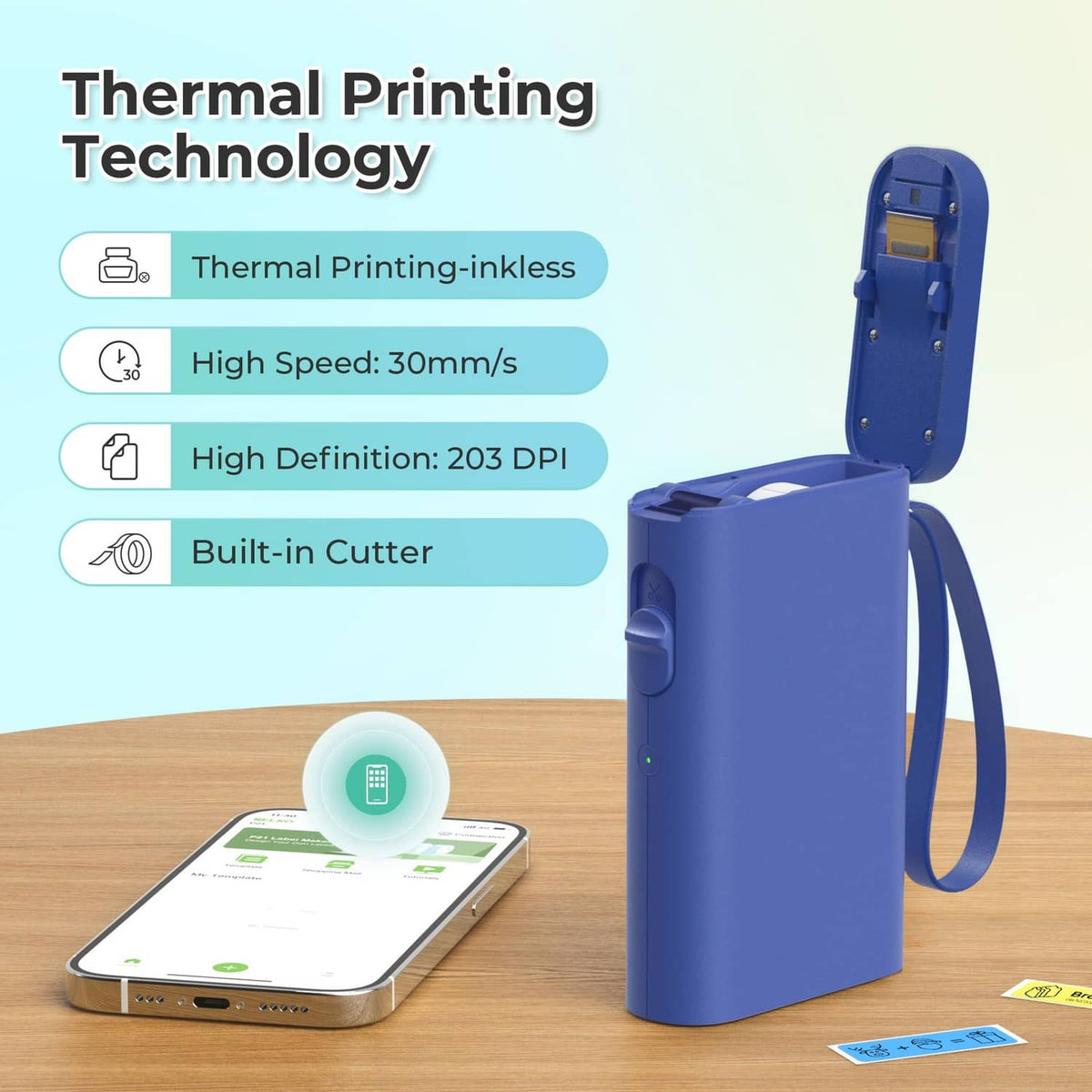 Blue thermal label printer with built-in cutter and Bluetooth control from phone