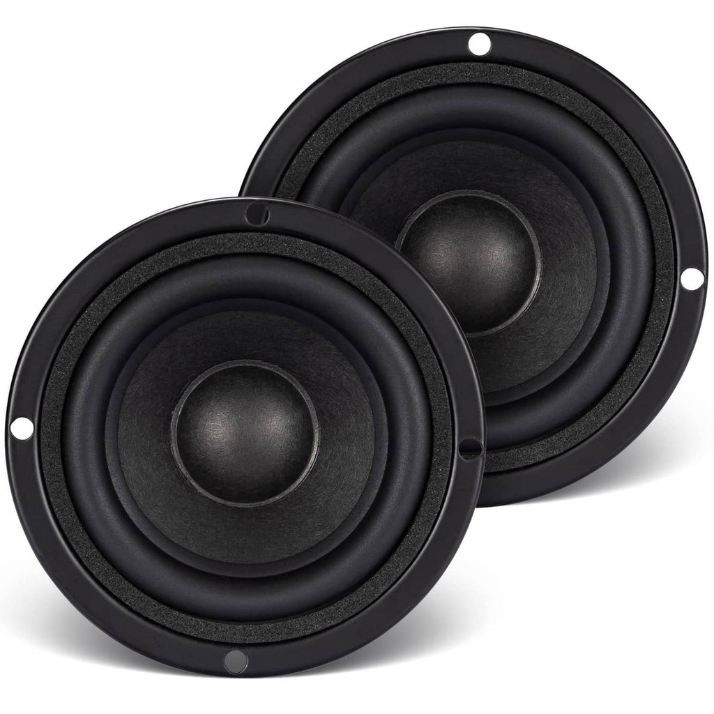 Pair of black 3-inch speaker woofers facing front, showing circular magnet and cone