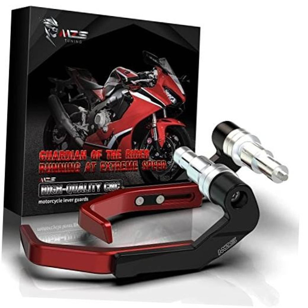 Red and black CNC aluminum motorcycle lever guards with silver cylindrical handlebar ends.