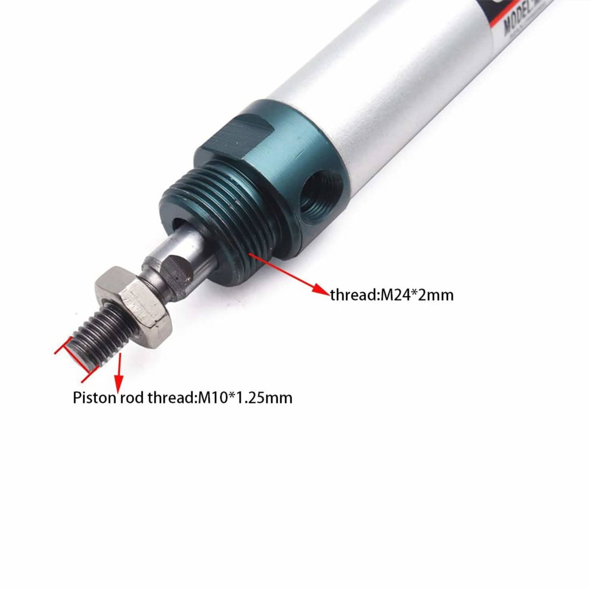 Pneumatic cylinder rod end showing M10 piston-thread and M24 thread sleeve detail.