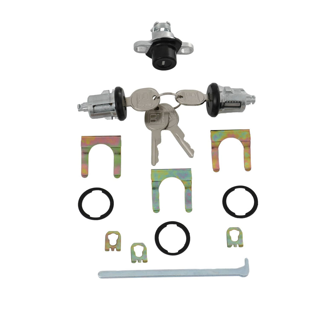 Lock cylinder set with two keys, two cylinders, and assorted brackets and rings
