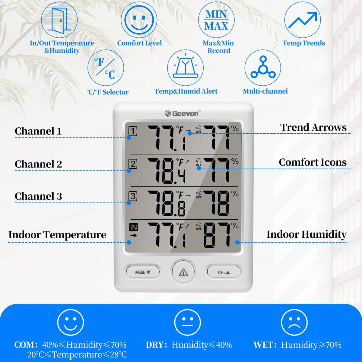 Wireless thermometer base showing indoor temperature and humidity, with three remote sensors