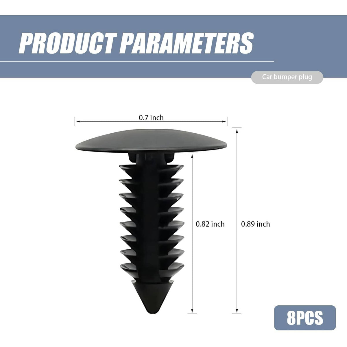 Black car bumper license plate hole plug with wide round base and pointed threads