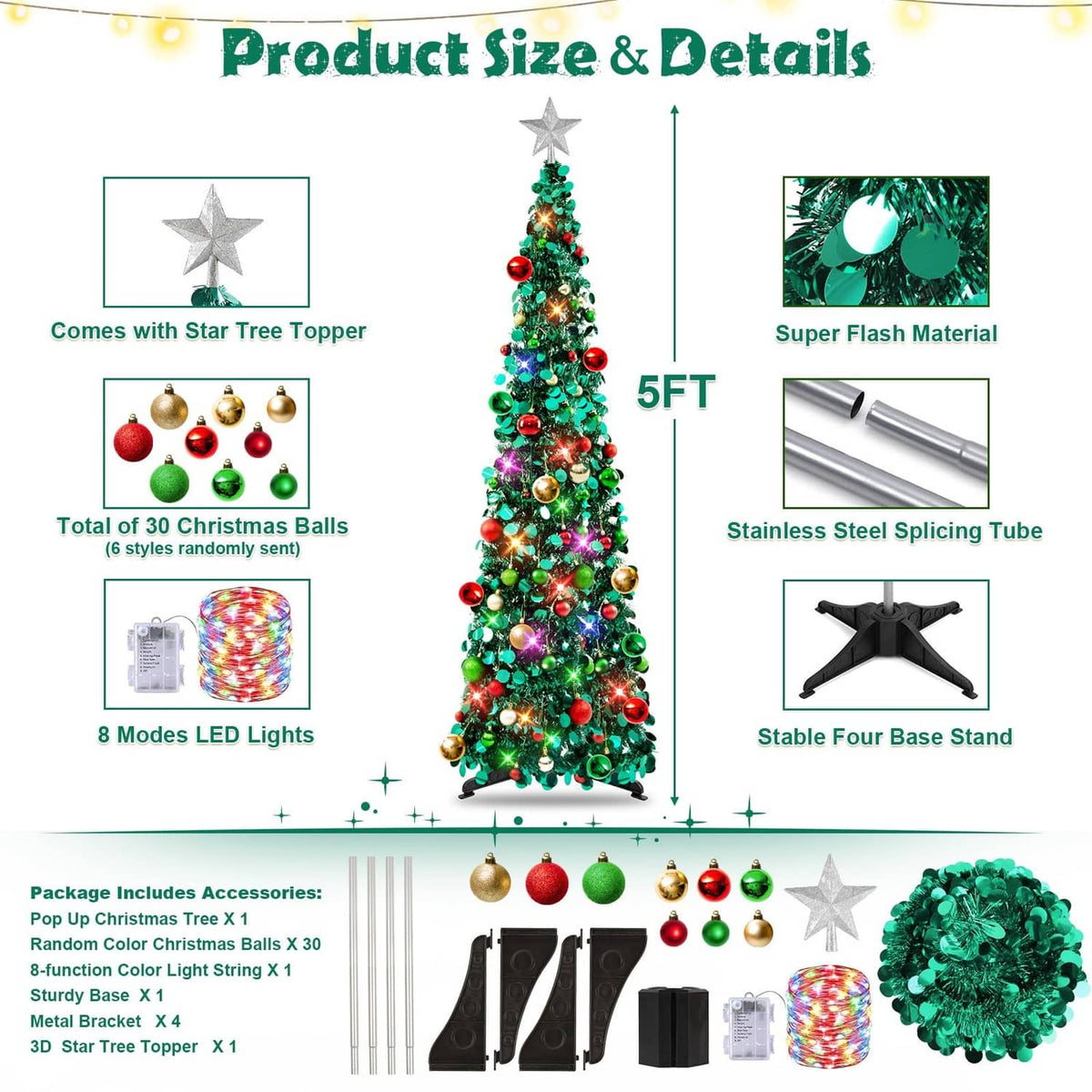 Prelit Christmas tree with star topper and colorful ball ornaments, shown with details