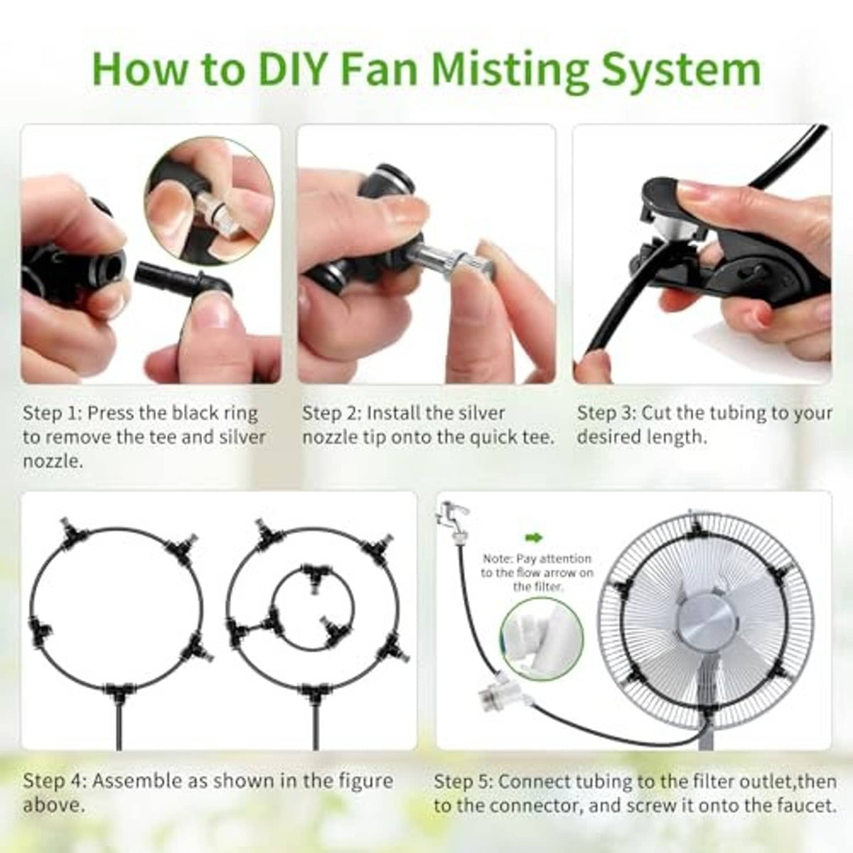 DIY assembly of misting tubing with nozzle fittings and zip ties