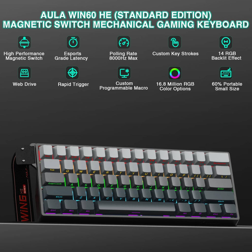 Wired mechanical gaming keyboard with gray keys and RGB backlighting, 60% compact layout.