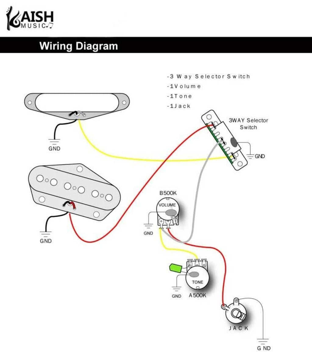 Guitar pickup selector wiring diagram with 3-way switch, volume, and tone connections