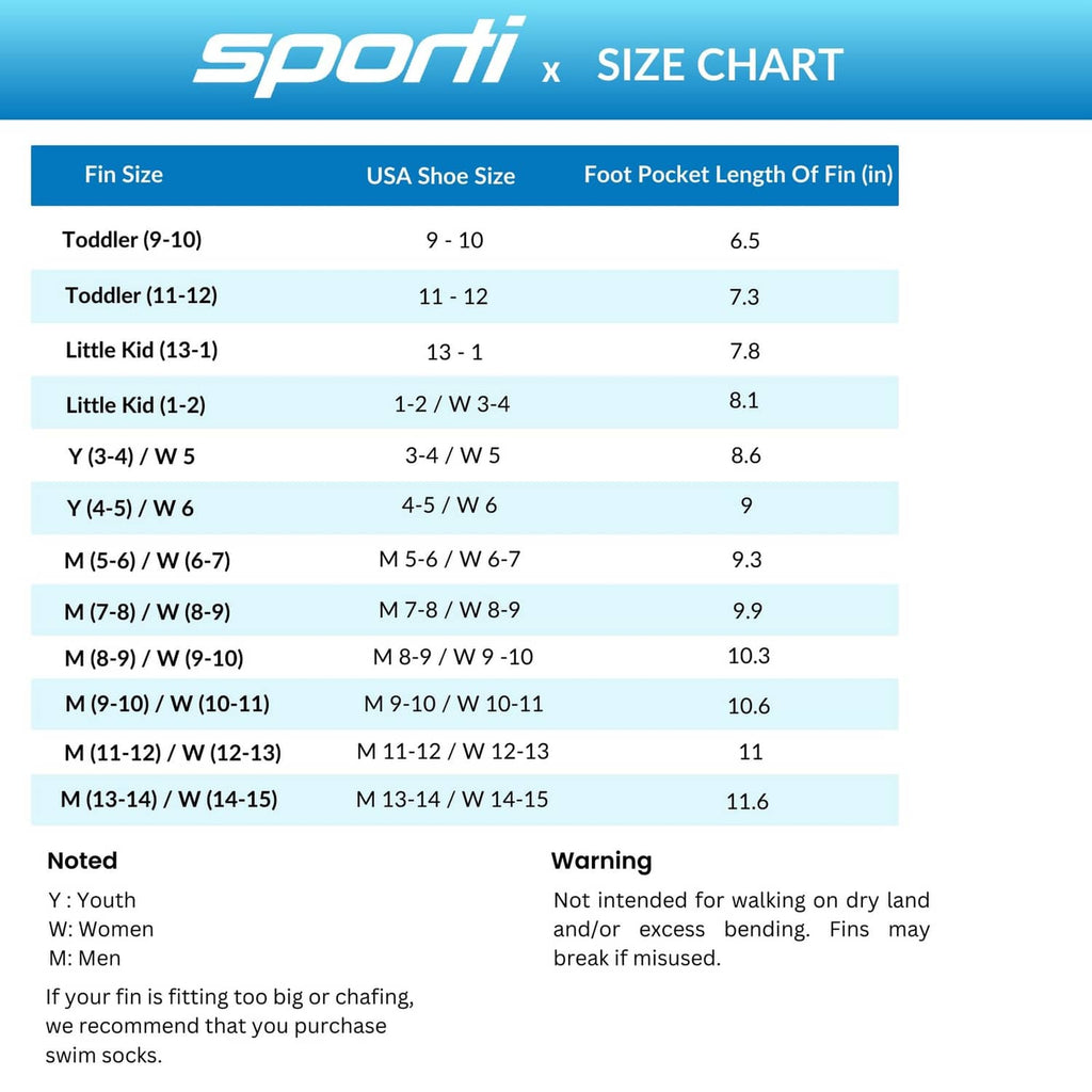 Sporti swim fins size chart with fin size and shoe size ranges