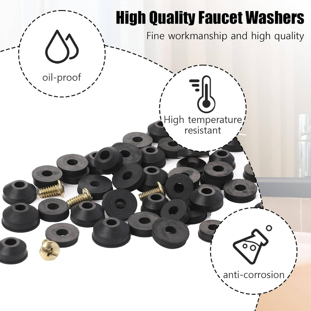Assorted black rubber faucet washers with brass screws, promotional set view