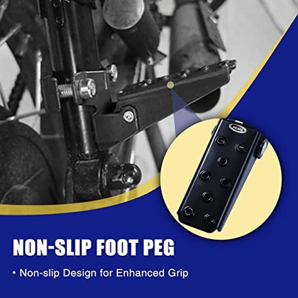 Black non-slip motorcycle foot peg with raised grip holes, mounted on a bracket