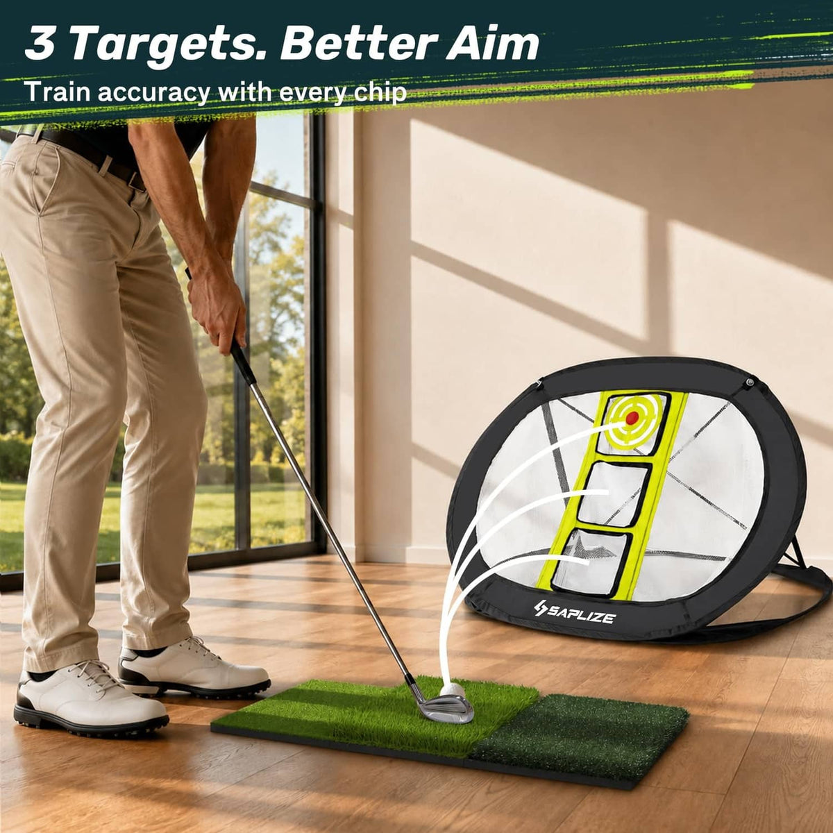 SAPLIZE golf chipping net with neon target panel and green turf practice mat