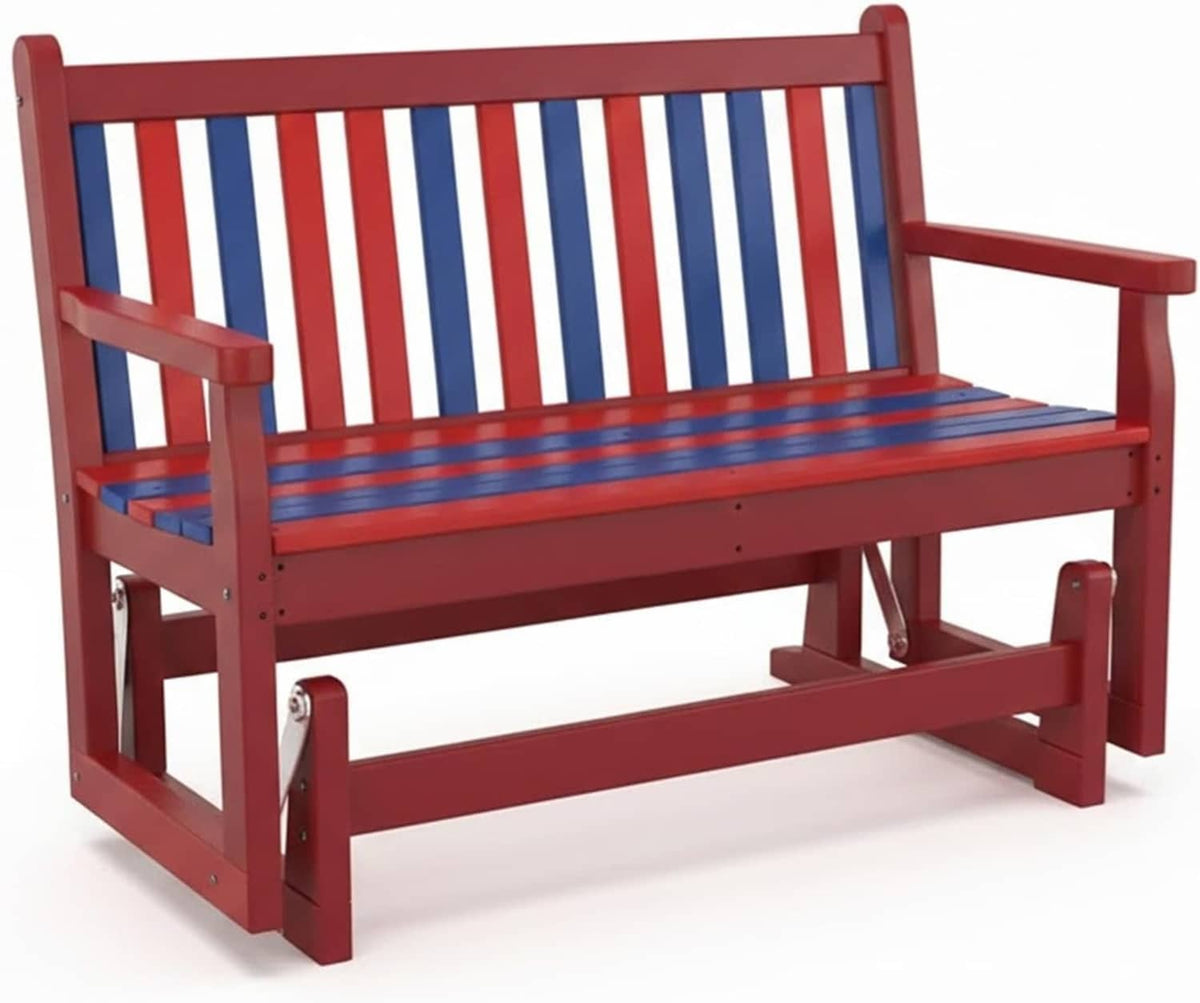 Outdoor patio glider bench, red frame with striped backrest and slatted seat