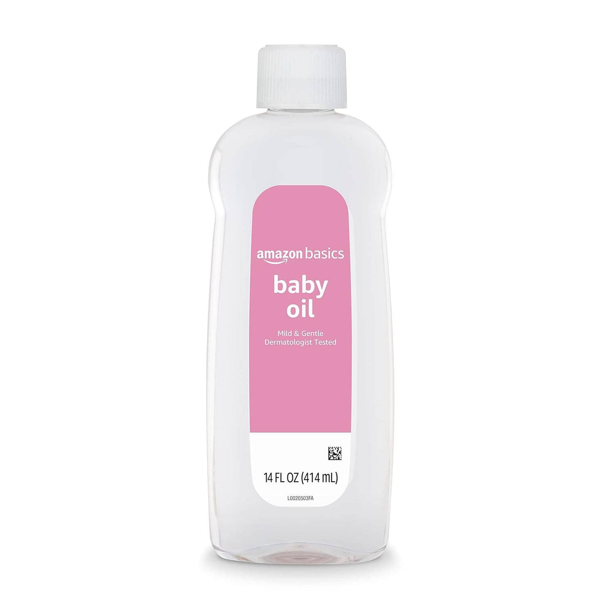 Baby oil bottle, white plastic with pink Amazon Basics label, front view, 14 fl oz (414 ml)