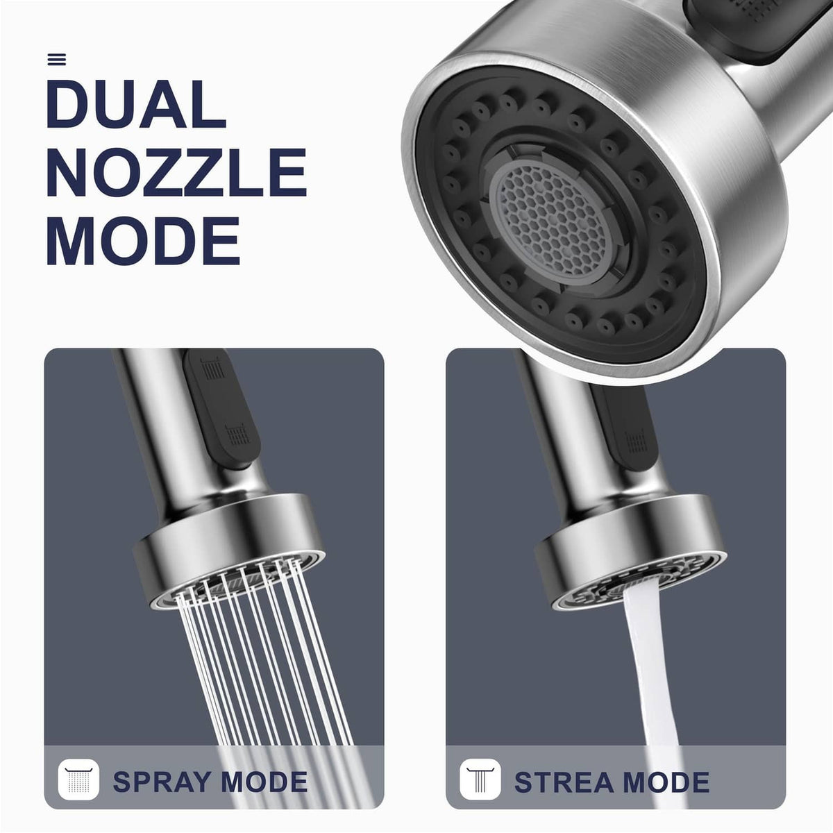 Pull-down sprayer head showing dual nozzle spray and stream modes