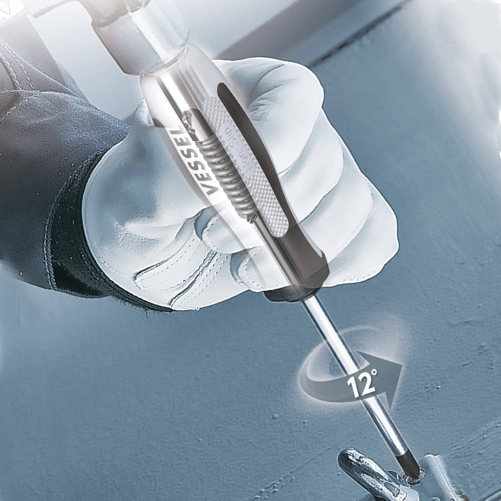 Gloved hand using impact cross-point screwdriver; 12° angle label near the bit.
