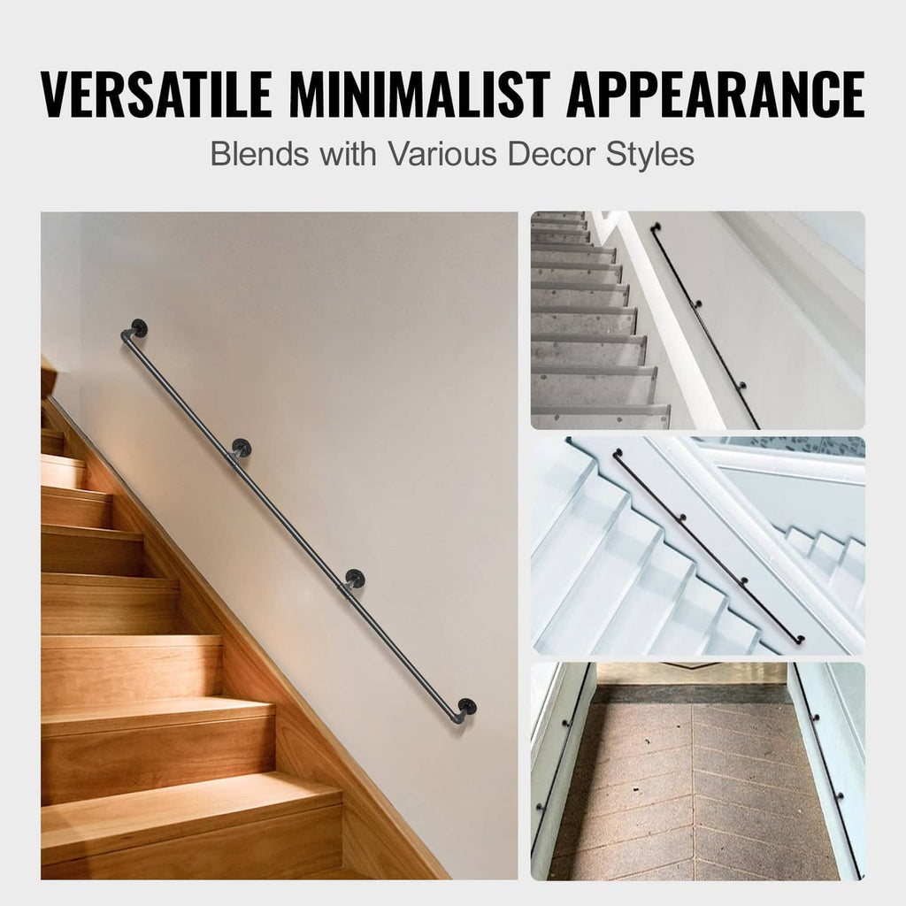 Minimalist matte black stair handrail with round wall mounts for indoor staircases