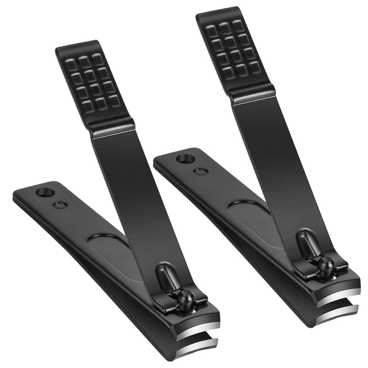 Pair of black wide-jaw nail clippers with textured grip pads and curved blades