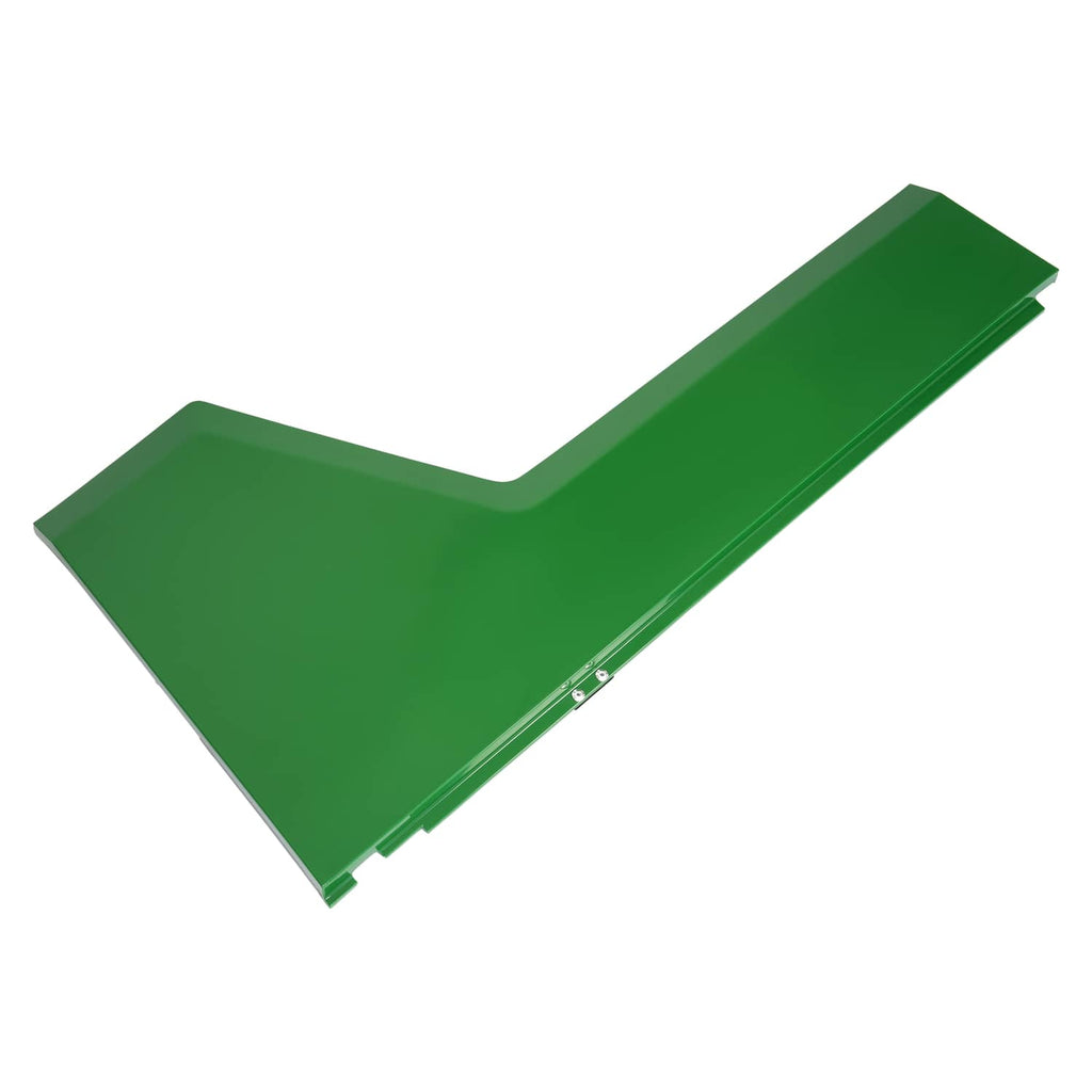Green steel RH hood side panel with curved cutout and flat mounting lip