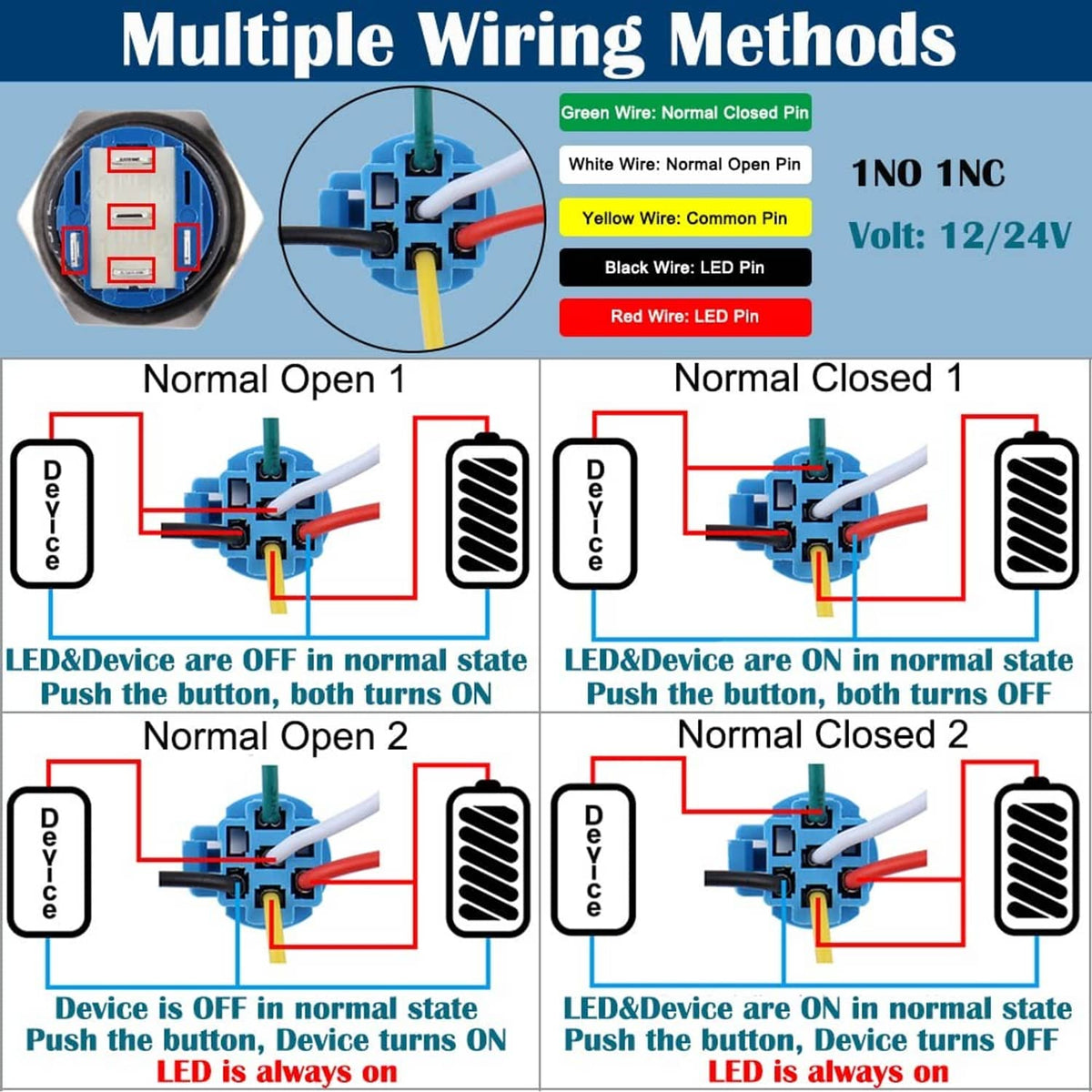 Latching push button switch with wiring terminals and multicolor lead wires