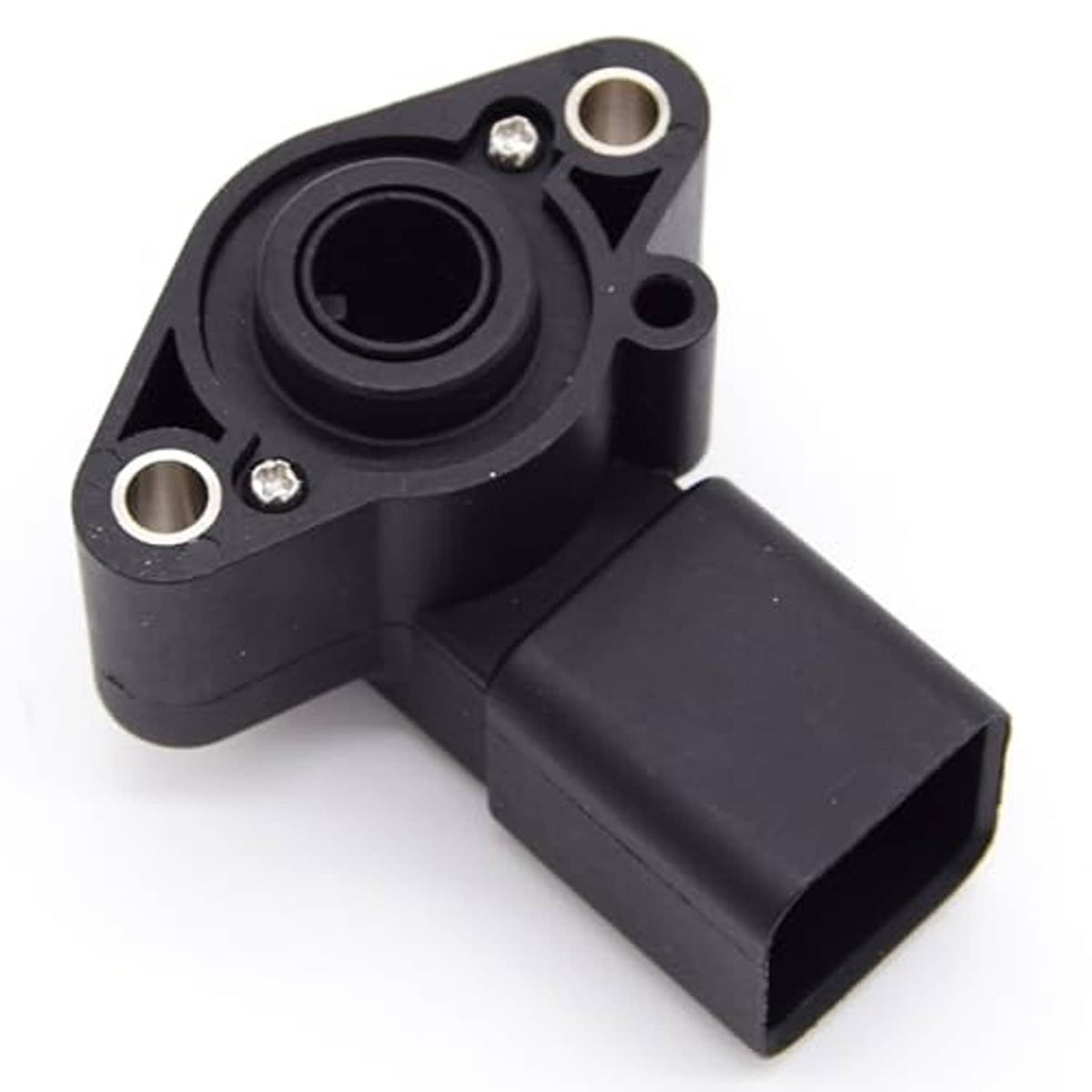 Black rotational position sensor, side view with mounting hardware and plug connector