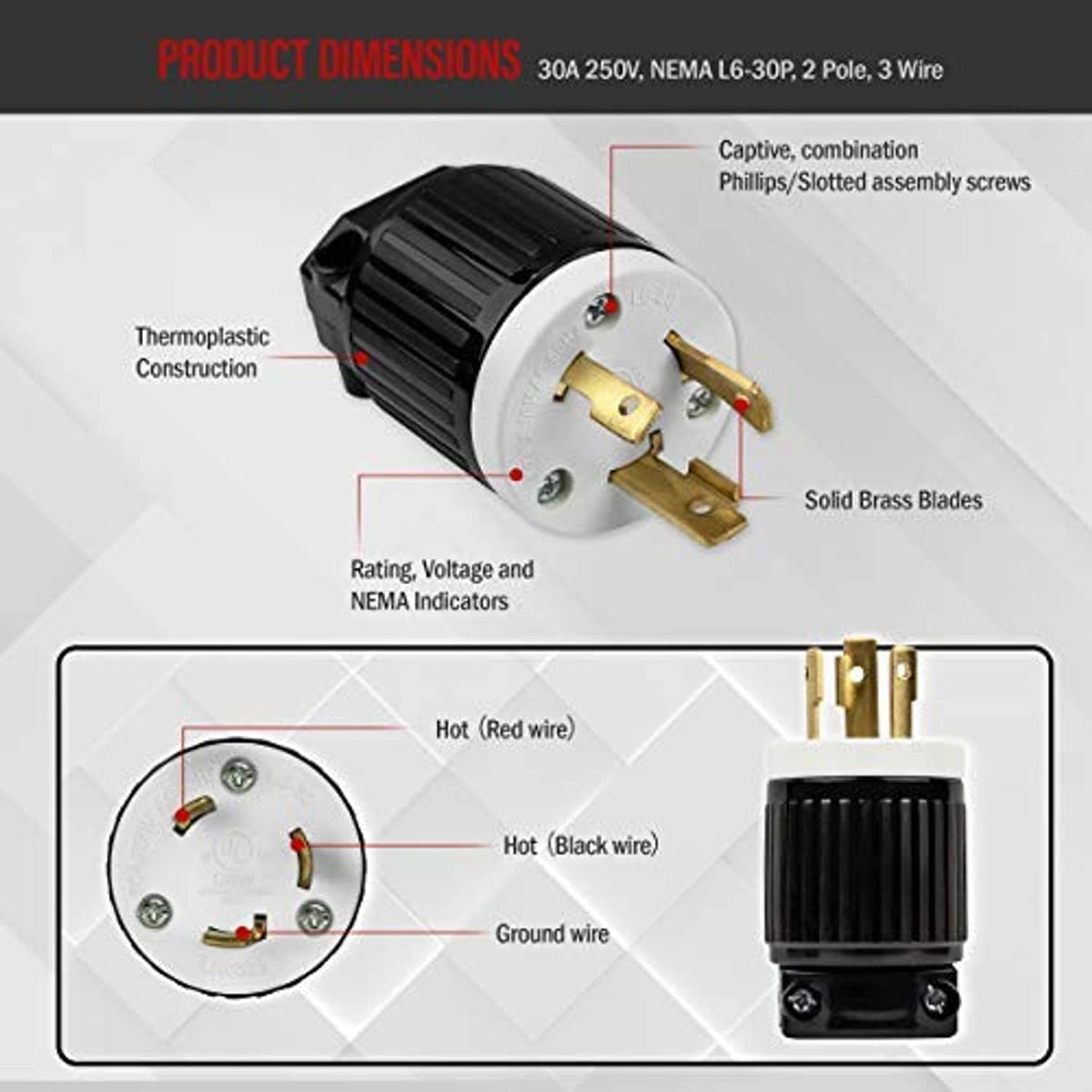 Locking twist-lock male plug with brass blades, silver face, and black thermoplastic body