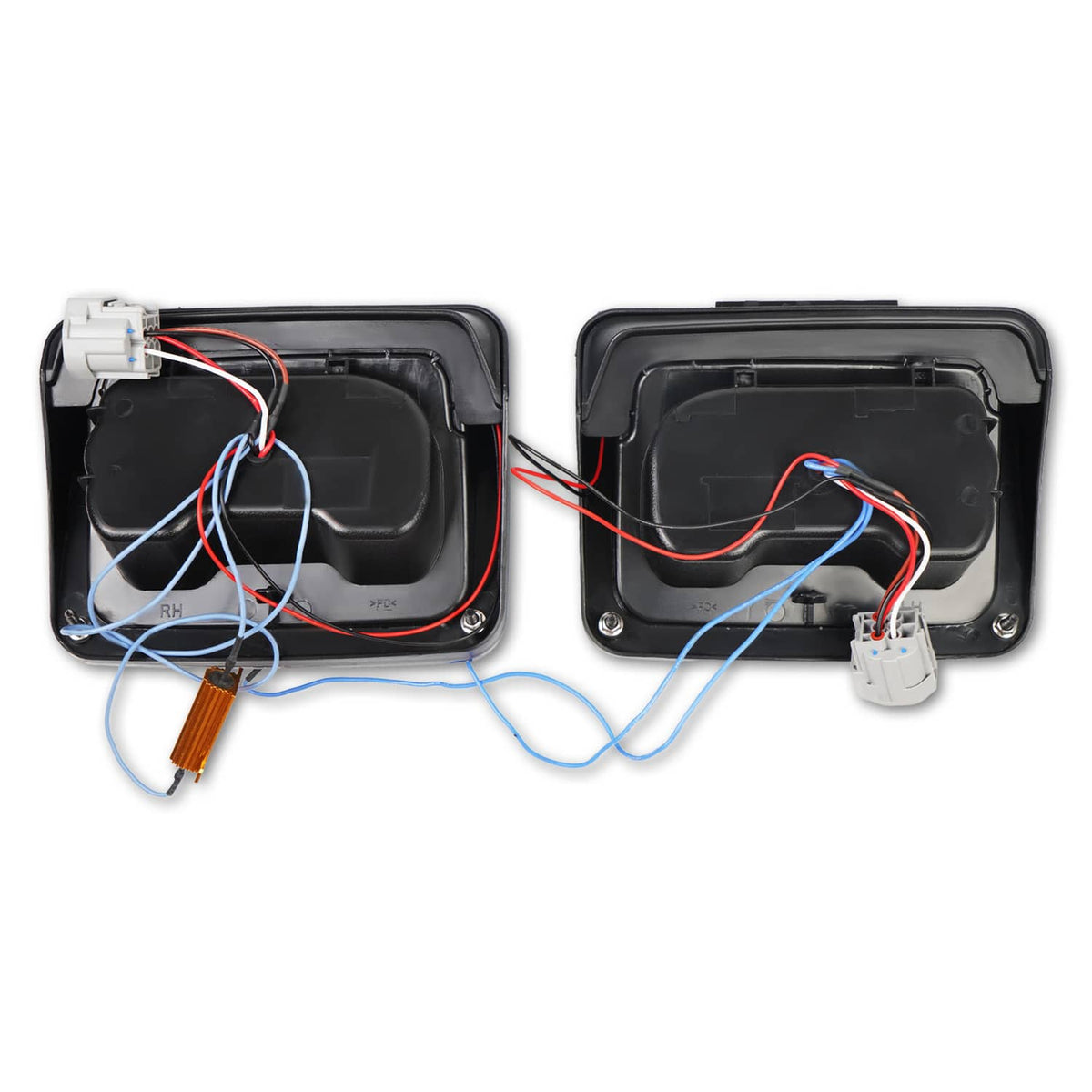 Rear tail lamp housing set with wiring harness and connector plugs, black plastic