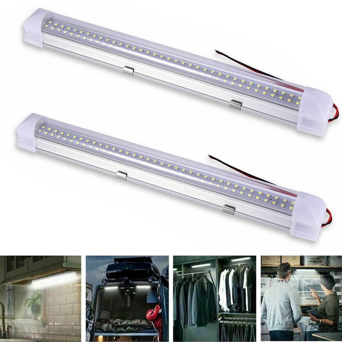 Set of two RV LED ceiling dome lights with white housings and LED strips