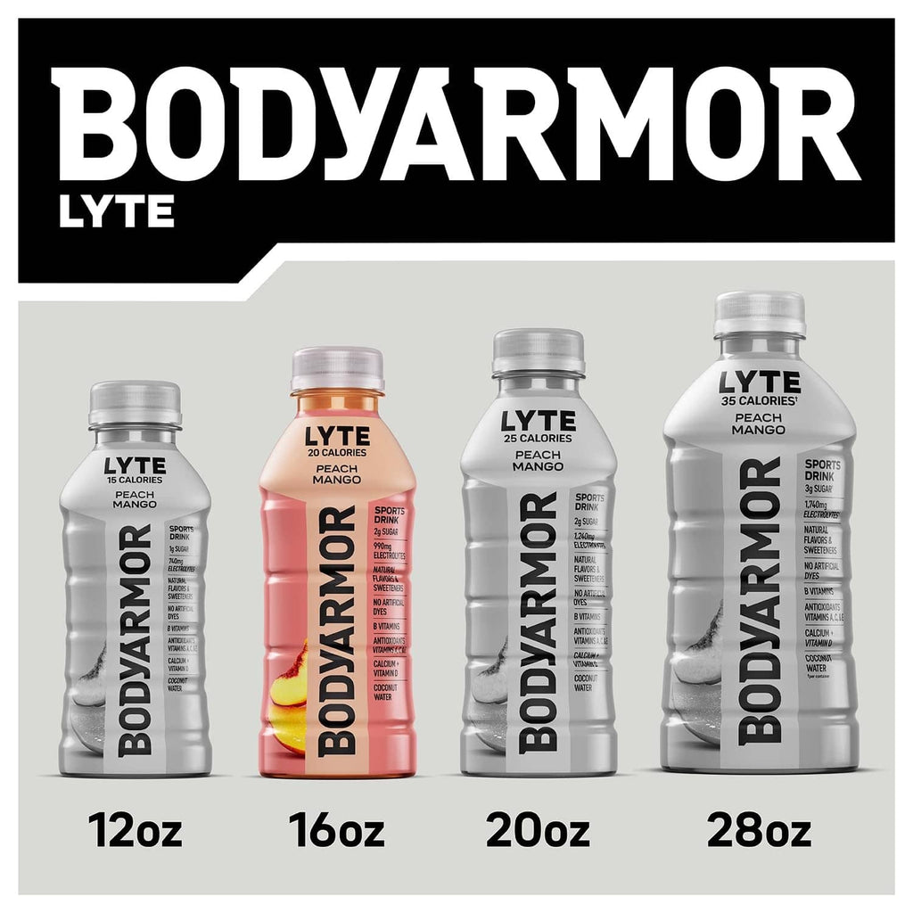 Assorted BODYARMOR Lyte sports drink bottles: 12 oz, 16 oz, 20 oz, 28 oz
