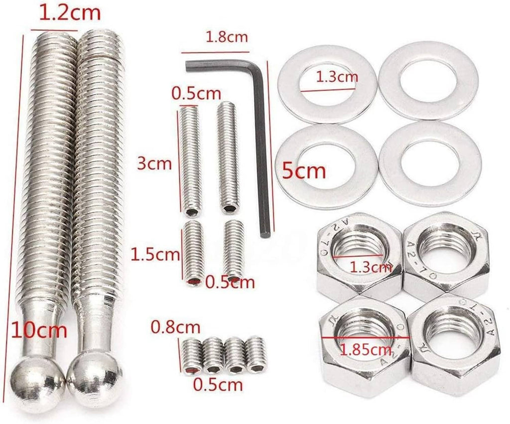 Quick-release latch hardware set with black push buttons, long bolts, washers, and nuts
