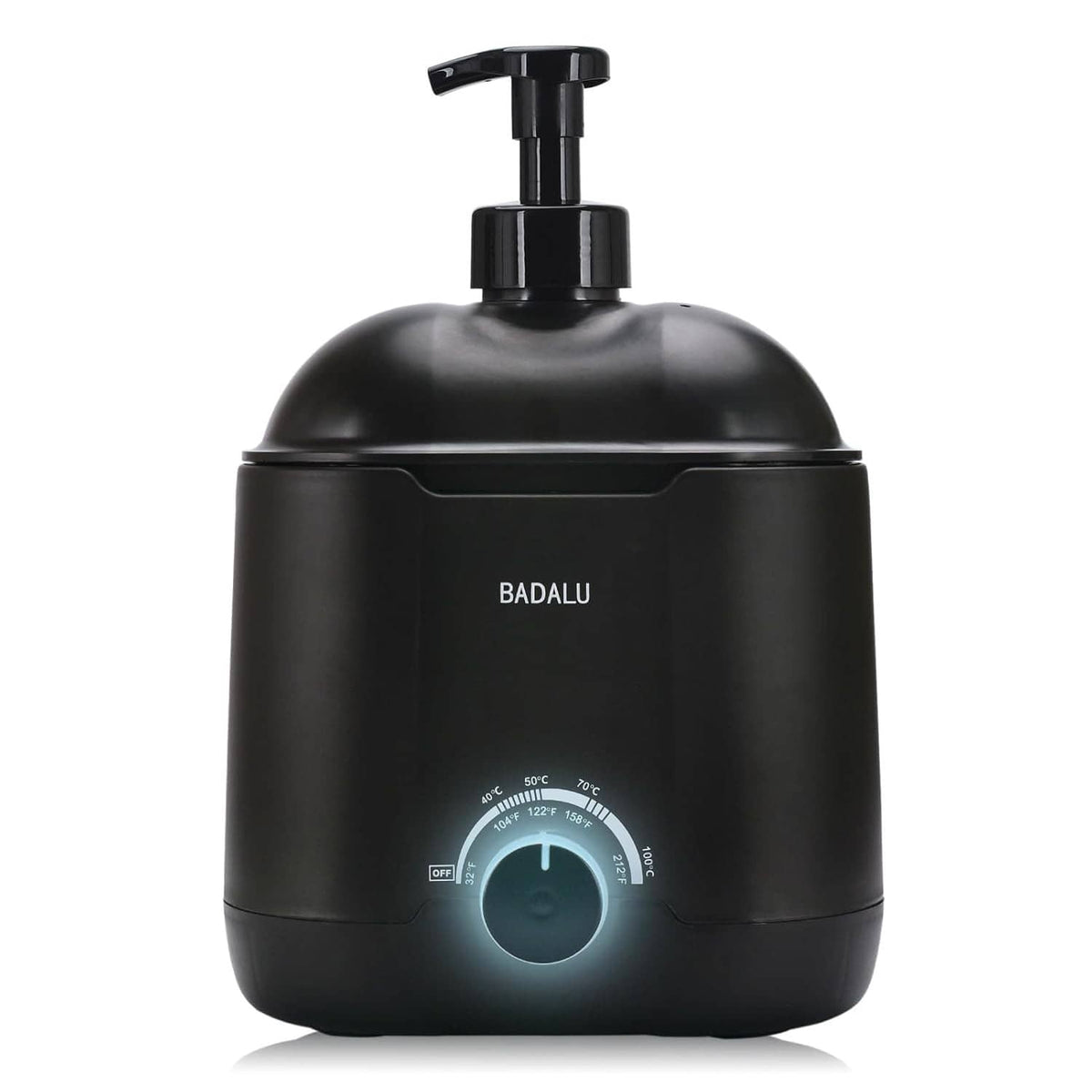 Black hot lather machine with pump dispenser and front control dial
