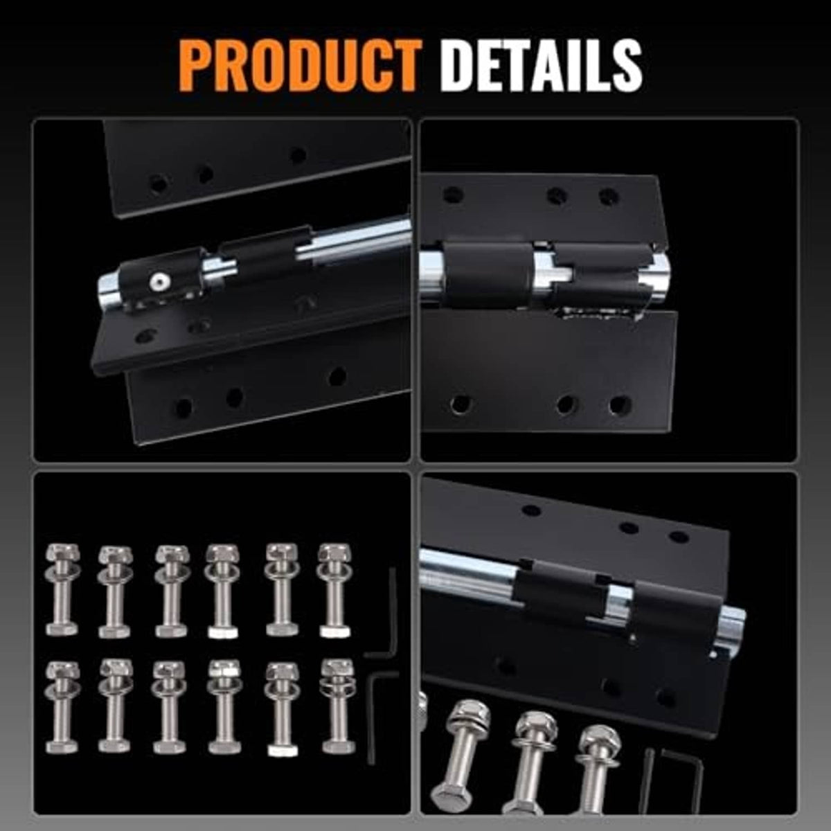 Bracket details: black plates with pivot arms, mounting bolts, and hex key