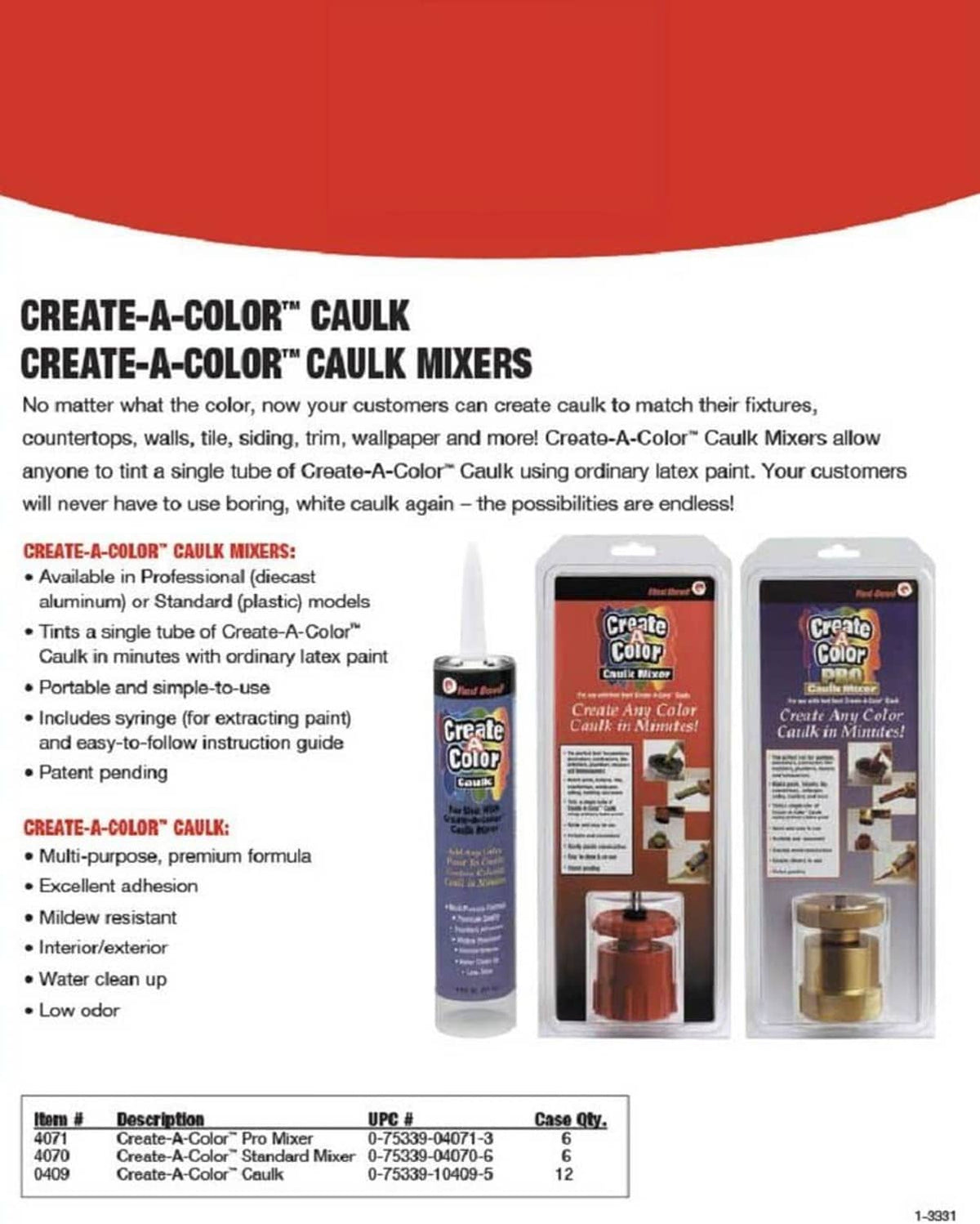 Create-A-Color caulk mixer kit box with bottles and instructions